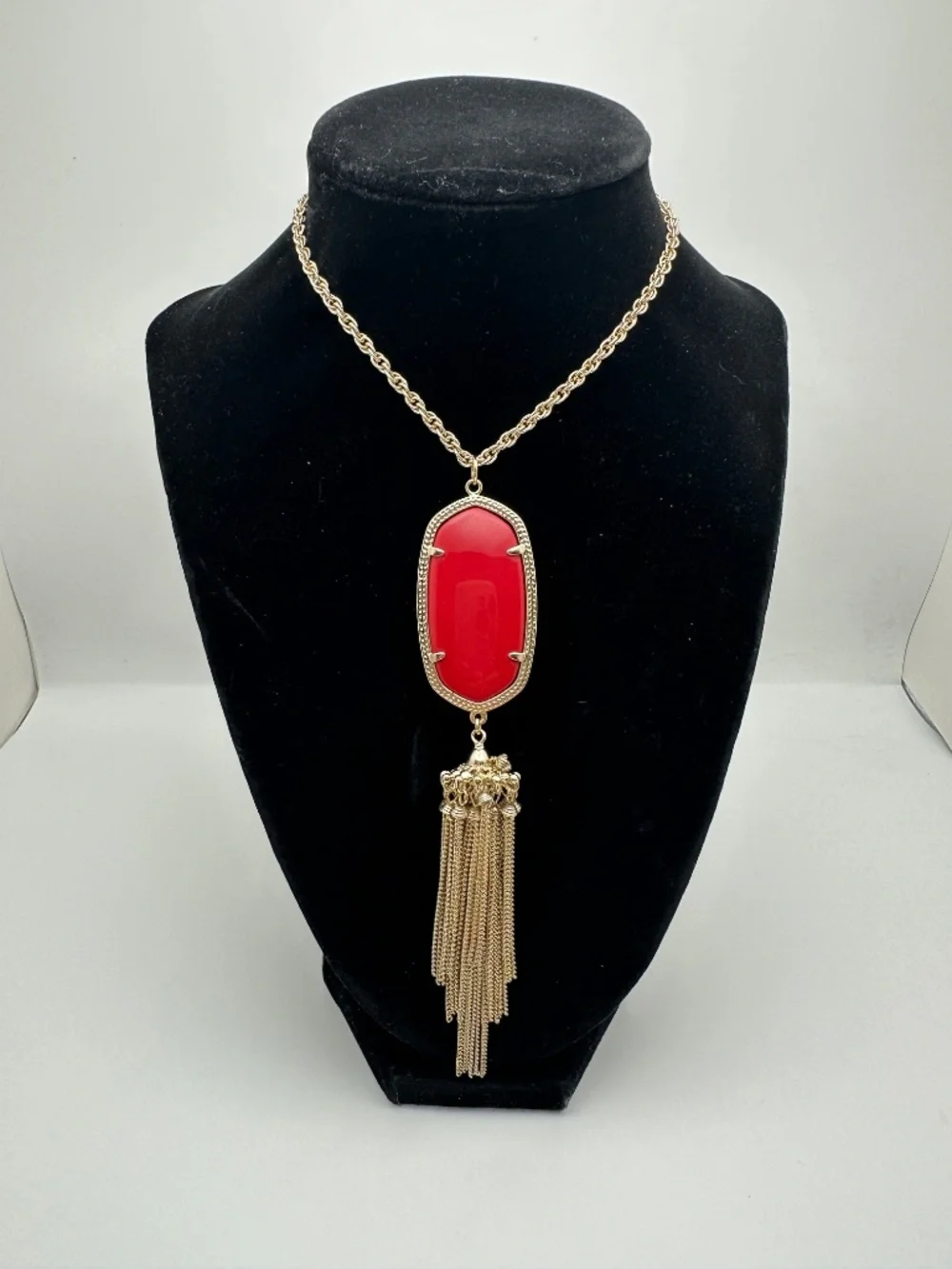 Kendra Scott Rayne Tassel Bright Red Pendant Gold Tone Long Necklace